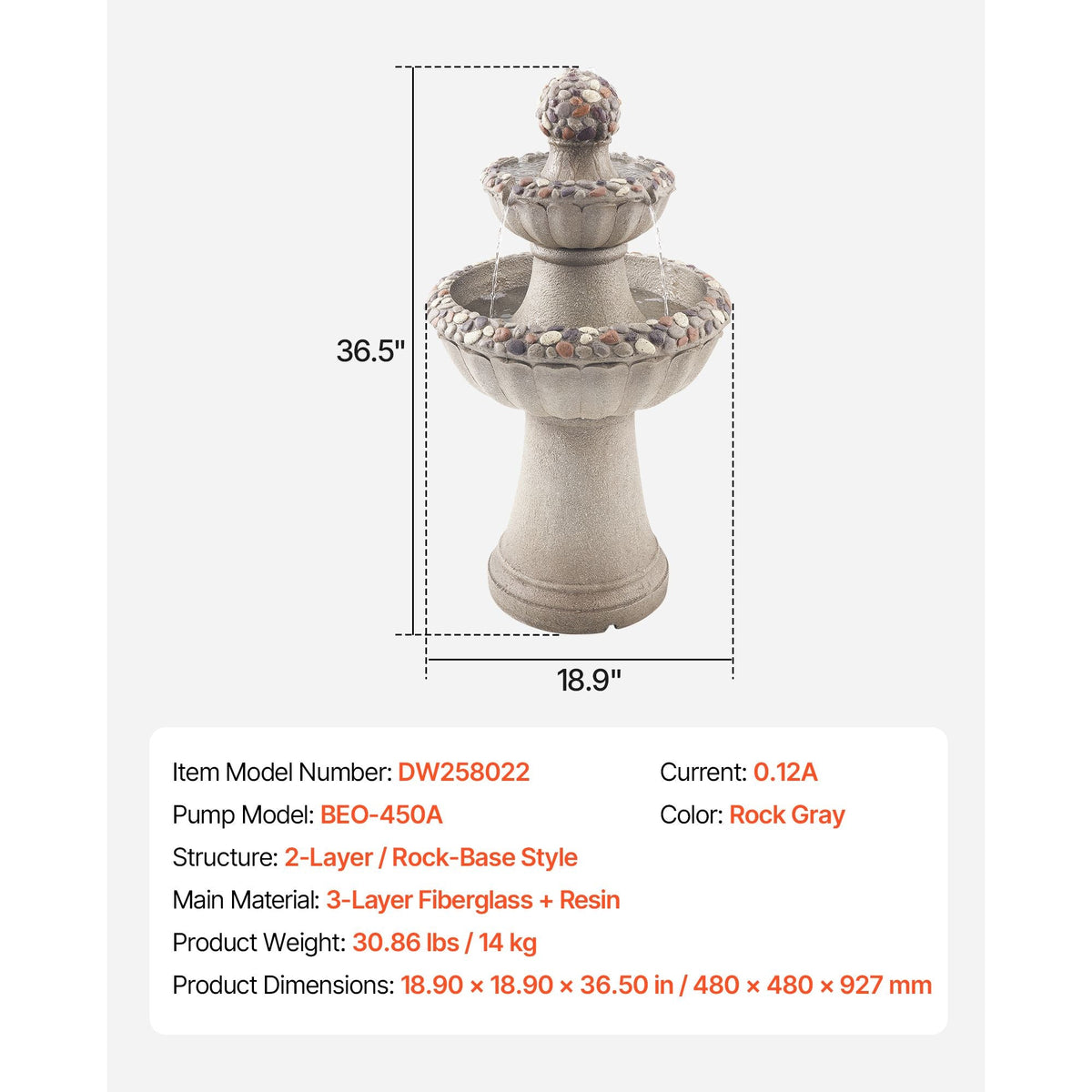 Outdoor Water Fountain, 36.5 in Height Fountain and Waterfall, 2-Tier Floor Standing Rock Base Style Fiberglass and Resin Fountains with Pump, for Outdoor Indoor Garden, Home, Patio & Backyard