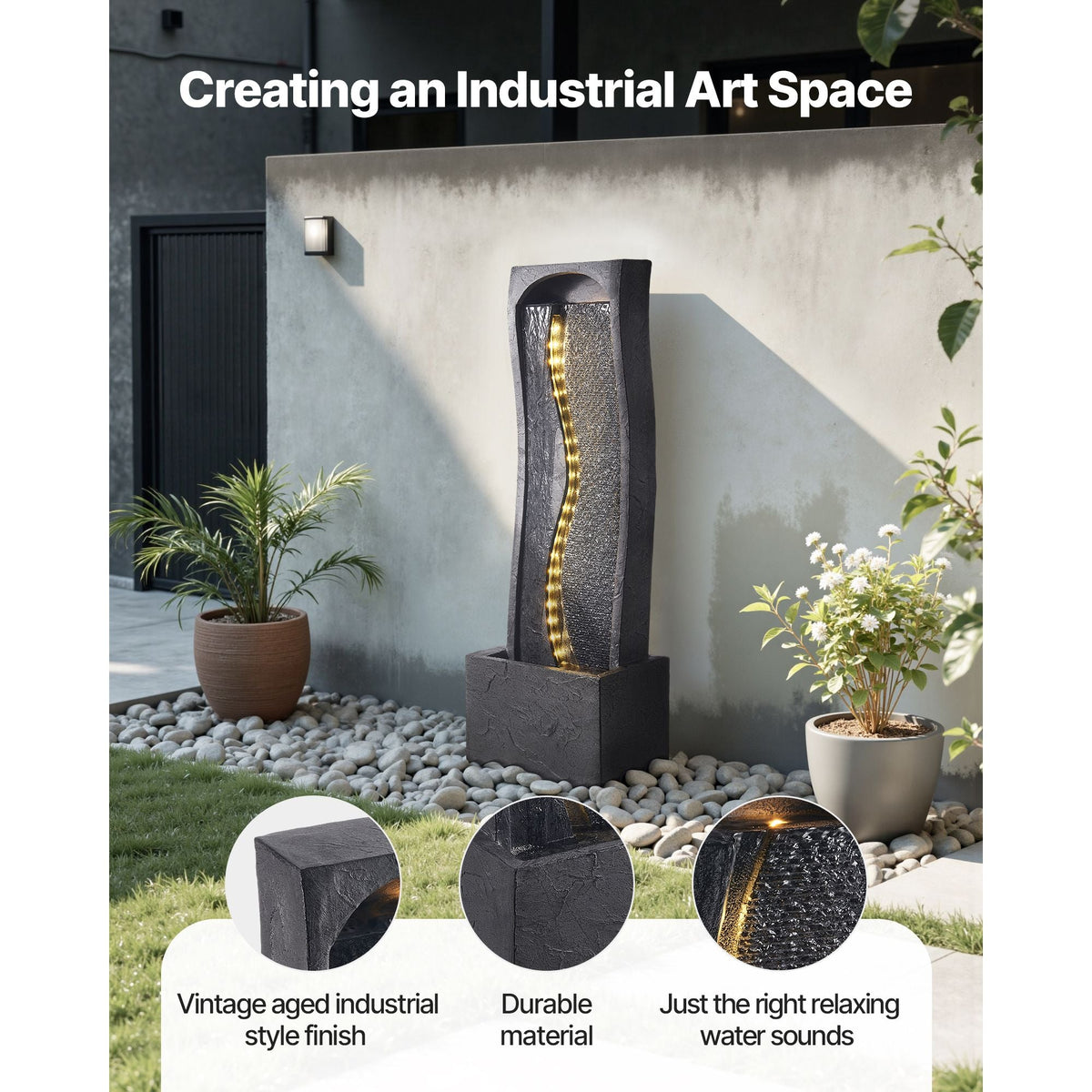 Outdoor Water Fountain, 38.58 in Height Fountain and Waterfall, 1-Tier Floor Standing Rock Base Style Fountains with with LED Light and Pump, for Outdoor Indoor Garden, Home, Patio & Backyard