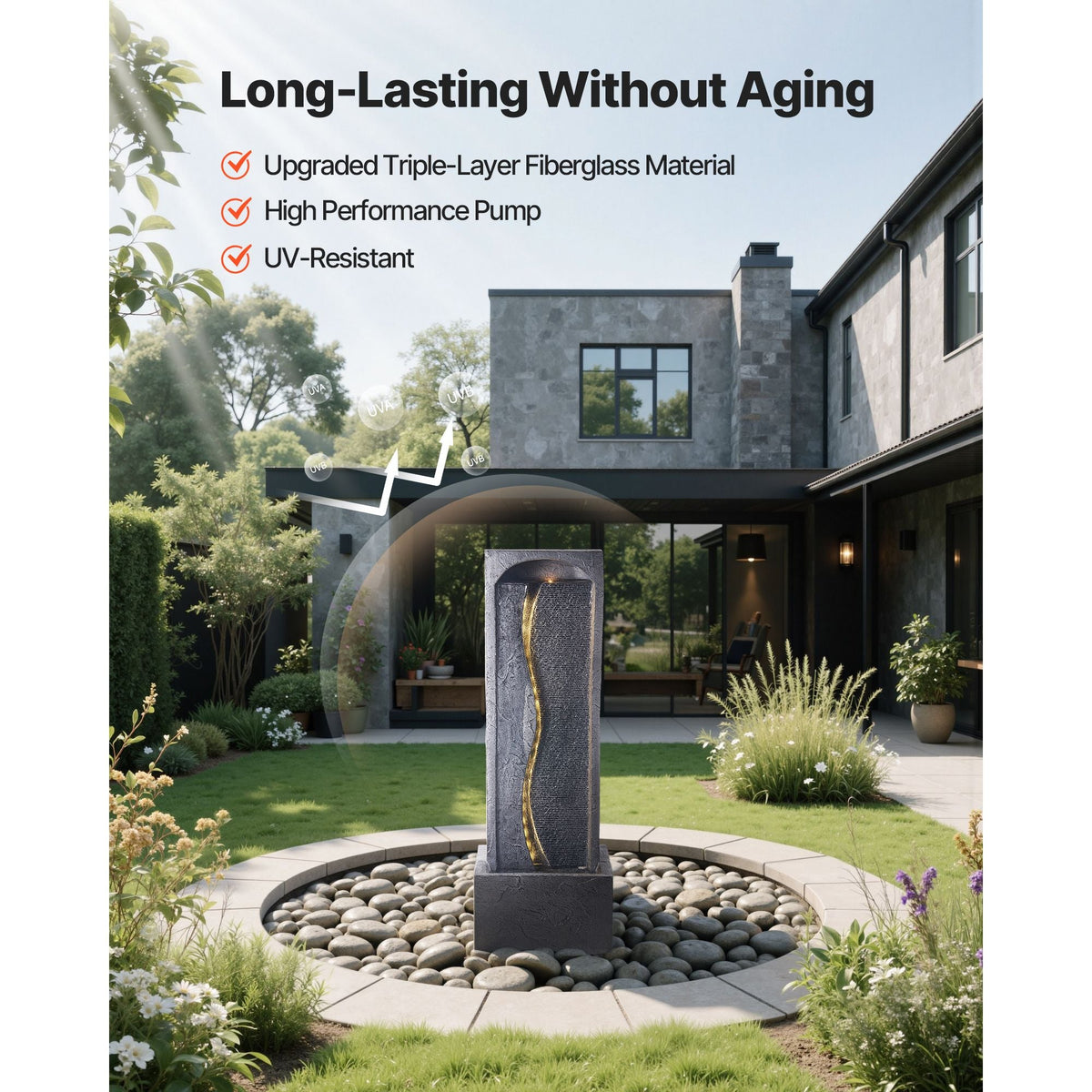 Outdoor Water Fountain, 38.58 in Height Fountain and Waterfall, 1-Tier Floor Standing Rock Base Style Fountains with with LED Light and Pump, for Outdoor Indoor Garden, Home, Patio & Backyard