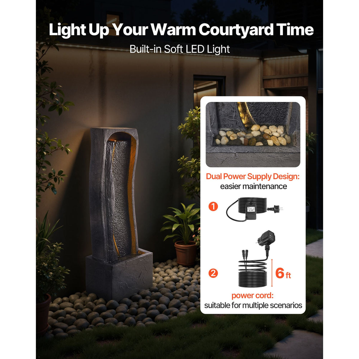Outdoor Water Fountain, 38.58 in Height Fountain and Waterfall, 1-Tier Floor Standing Rock Base Style Fountains with with LED Light and Pump, for Outdoor Indoor Garden, Home, Patio & Backyard