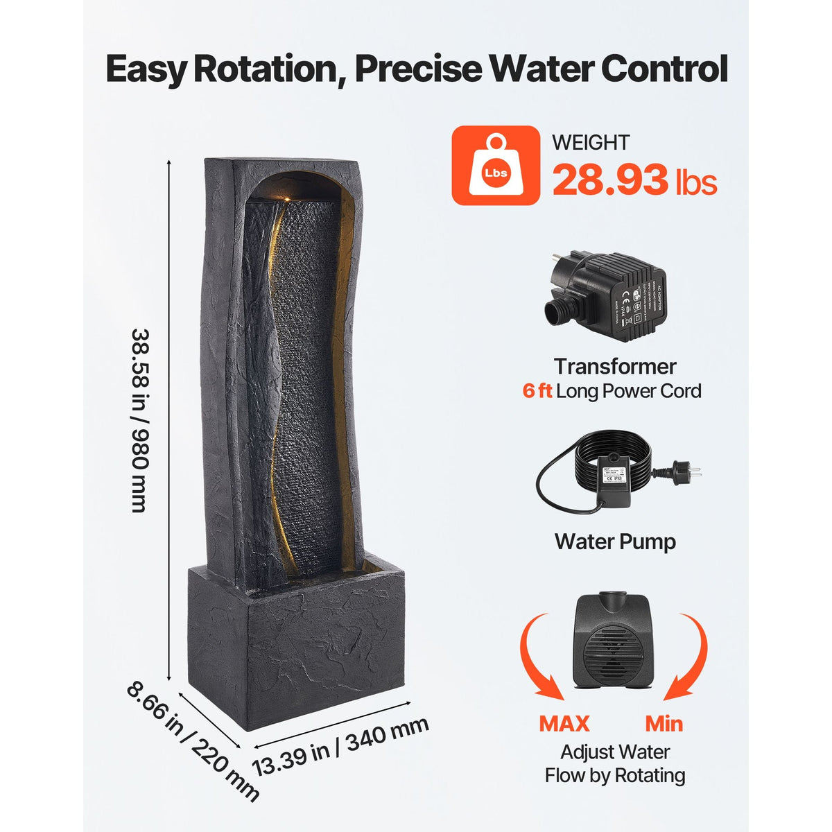Outdoor Water Fountain, 38.58 in Height Fountain and Waterfall, 1-Tier Floor Standing Rock Base Style Fountains with with LED Light and Pump, for Outdoor Indoor Garden, Home, Patio & Backyard