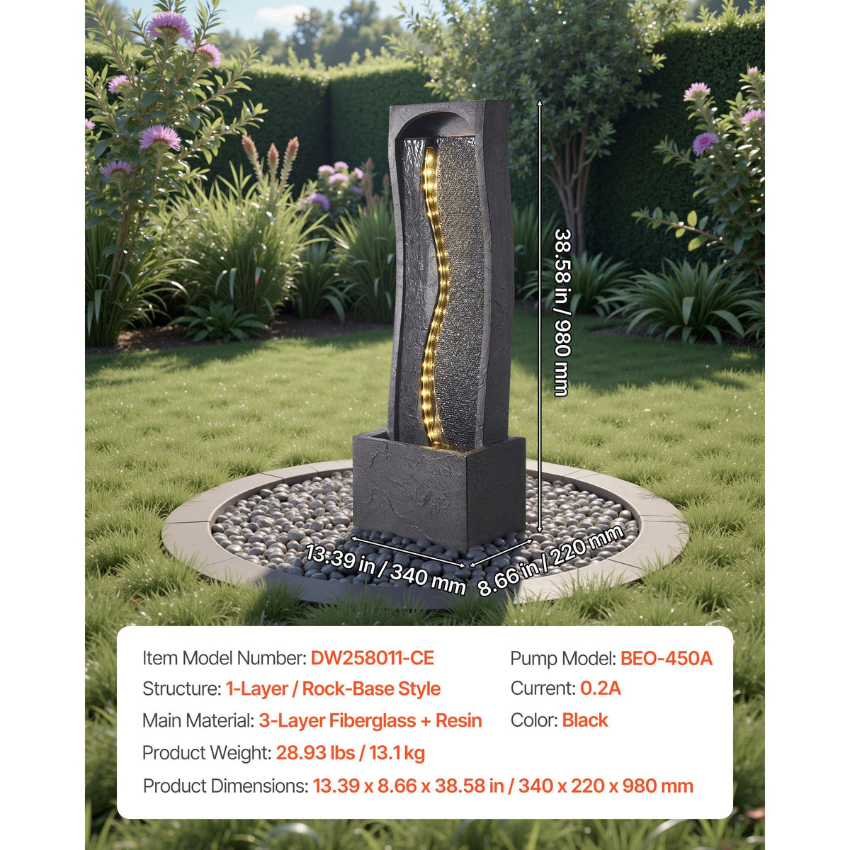 Outdoor Water Fountain, 38.58 in Height Fountain and Waterfall, 1-Tier Floor Standing Rock Base Style Fountains with with LED Light and Pump, for Outdoor Indoor Garden, Home, Patio & Backyard