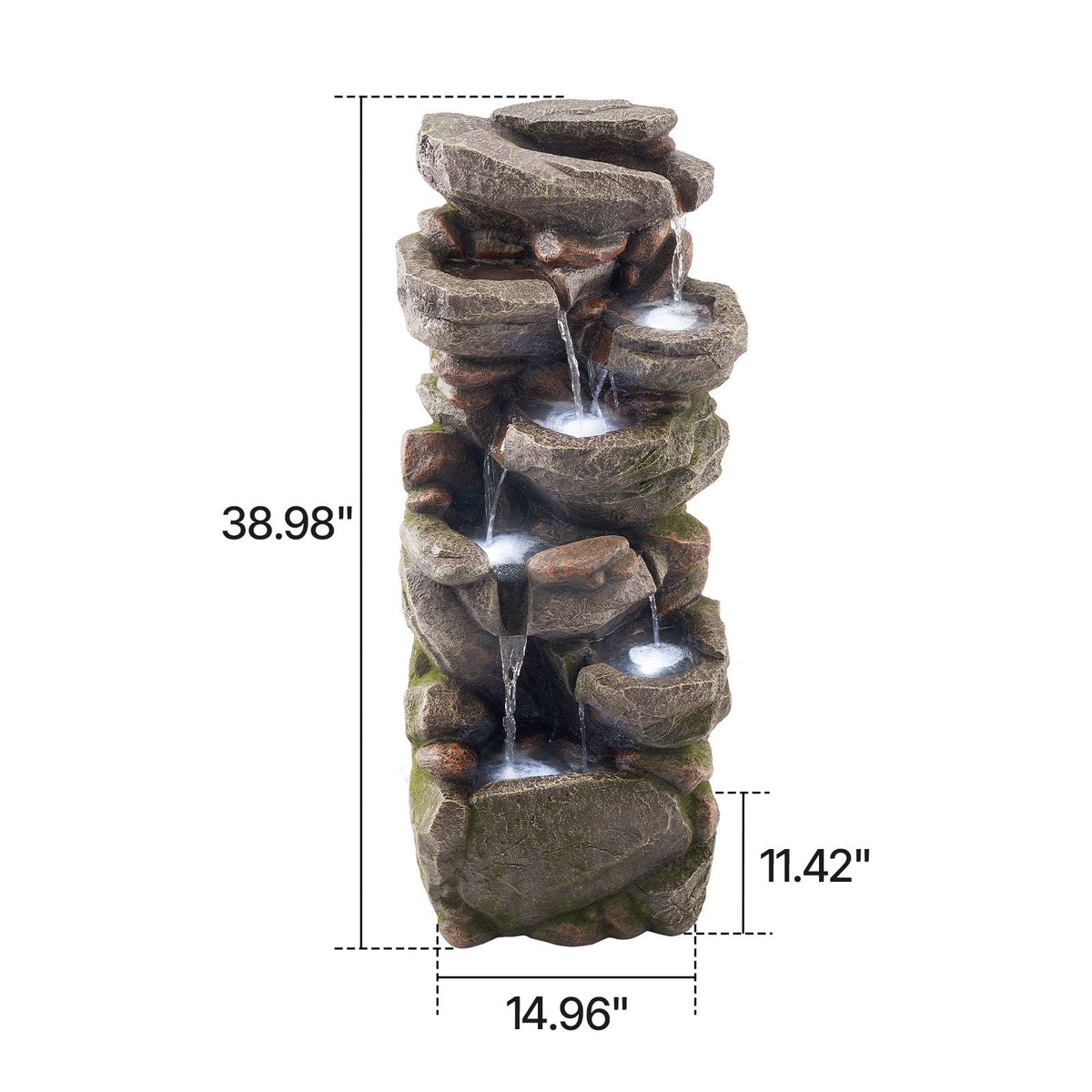 Outdoor Water Fountain, 38.98 in Height Fountain and Waterfall, 7-Tier Floor Standing Rock-Shaped Cascading Fountains with LED Light and Pump, for Outdoor Indoor Garden, Home, Patio & Backyard
