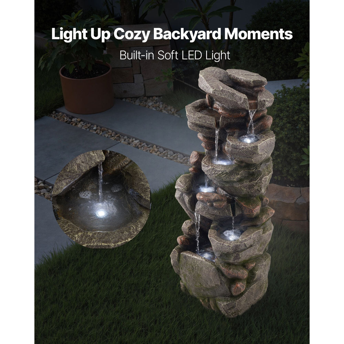 Outdoor Water Fountain, 38.98 in Height Fountain and Waterfall, 7-Tier Floor Standing Rock-Shaped Cascading Fountains with LED Light and Pump, for Outdoor Indoor Garden, Home, Patio & Backyard