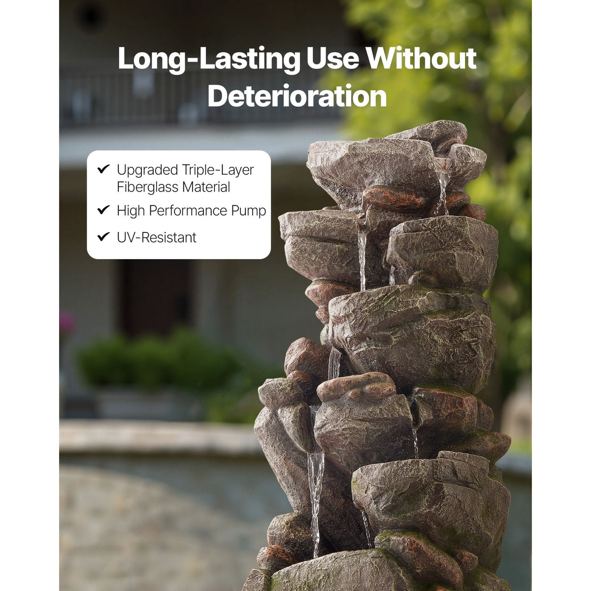 Outdoor Water Fountain, 38.98 in Height Fountain and Waterfall, 7-Tier Floor Standing Rock-Shaped Cascading Fountains with LED Light and Pump, for Outdoor Indoor Garden, Home, Patio & Backyard