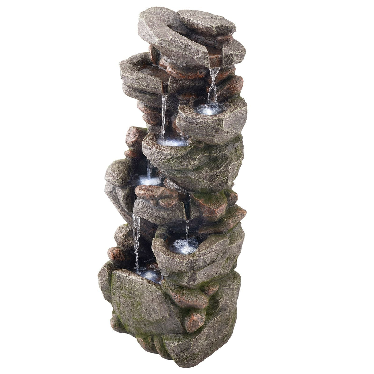 Outdoor Water Fountain, 38.98 in Height Fountain and Waterfall, 7-Tier Floor Standing Rock-Shaped Cascading Fountains with LED Light and Pump, for Outdoor Indoor Garden, Home, Patio & Backyard