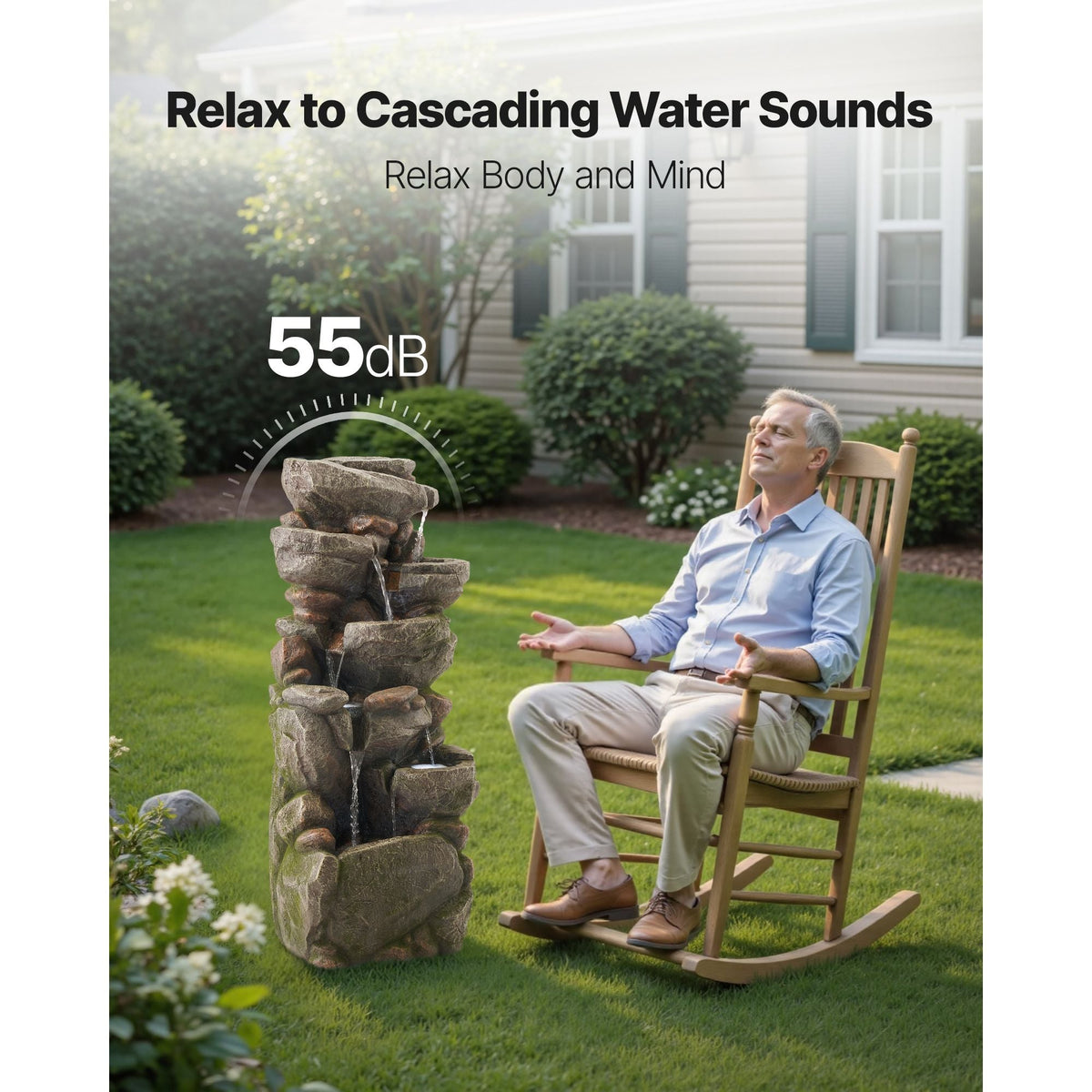 Outdoor Water Fountain, 38.98 in Height Fountain and Waterfall, 7-Tier Floor Standing Rock-Shaped Cascading Fountains with LED Light and Pump, for Outdoor Indoor Garden, Home, Patio & Backyard