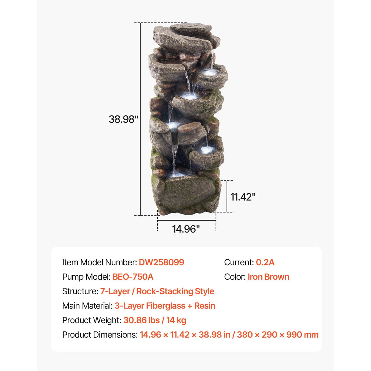 Outdoor Water Fountain, 38.98 in Height Fountain and Waterfall, 7-Tier Floor Standing Rock-Shaped Cascading Fountains with LED Light and Pump, for Outdoor Indoor Garden, Home, Patio & Backyard