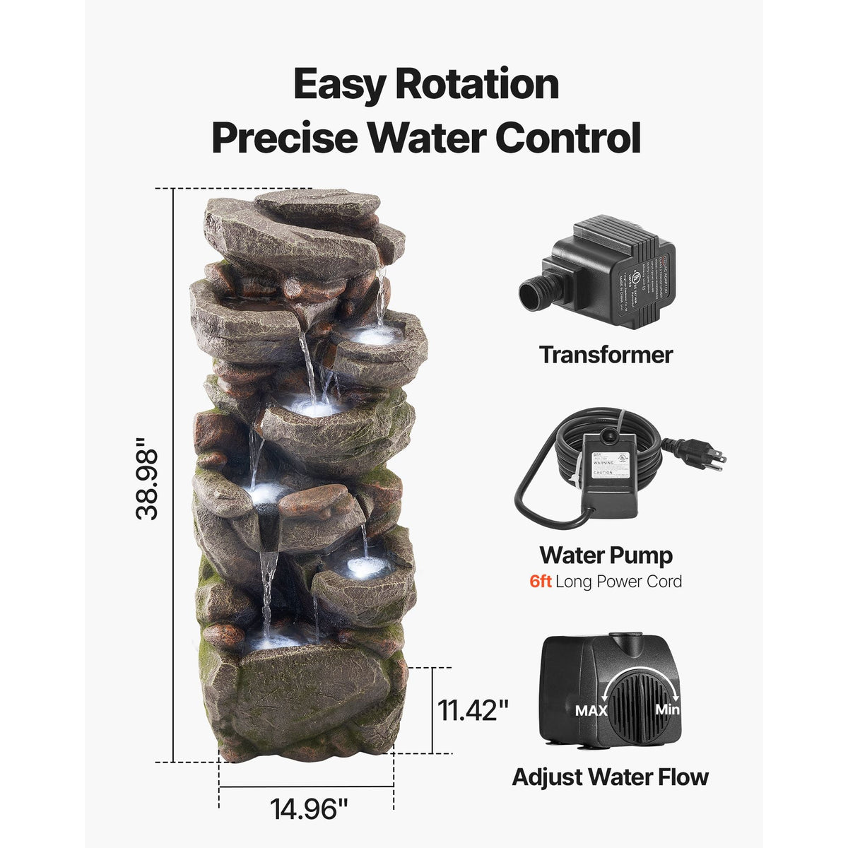 Outdoor Water Fountain, 38.98 in Height Fountain and Waterfall, 7-Tier Floor Standing Rock-Shaped Cascading Fountains with LED Light and Pump, for Outdoor Indoor Garden, Home, Patio & Backyard