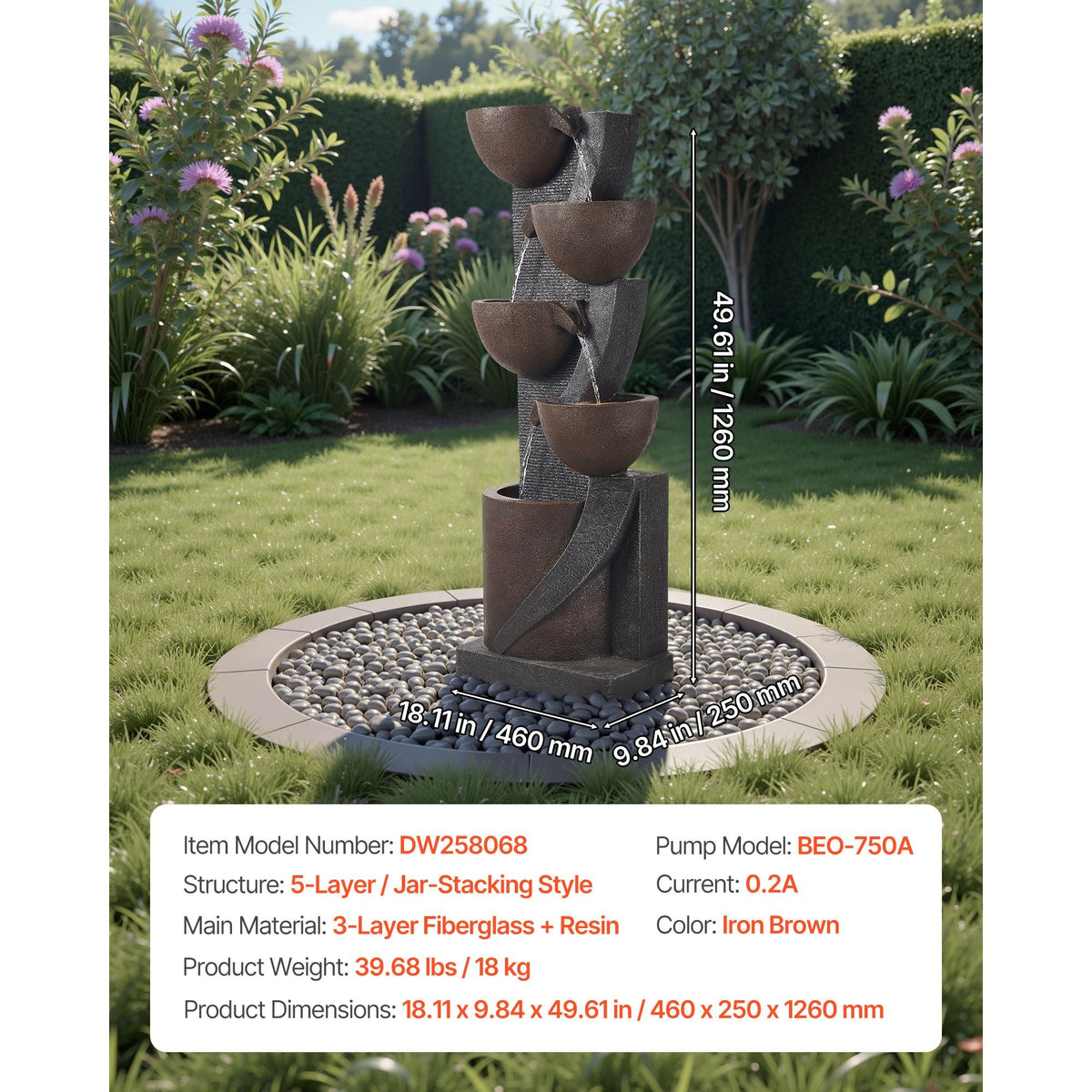 Outdoor Water Fountain, 49.61 in Height Fountain and Waterfall, 5-Tier Floor Standing Jar-Shaped Cascading Fountains with LED Light and Pump, for Outdoor Indoor Garden, Home, Patio & Backyard