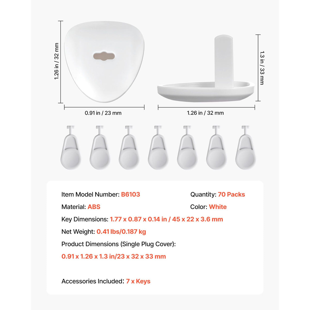 Outlet Covers, 70 Pack, Plug Covers for Electrical Outlets, Secure Electric Socket Protector Caps with Shock Prevention, Easy Installation, Insulated ABS, for Home Wall Power Sockets, White