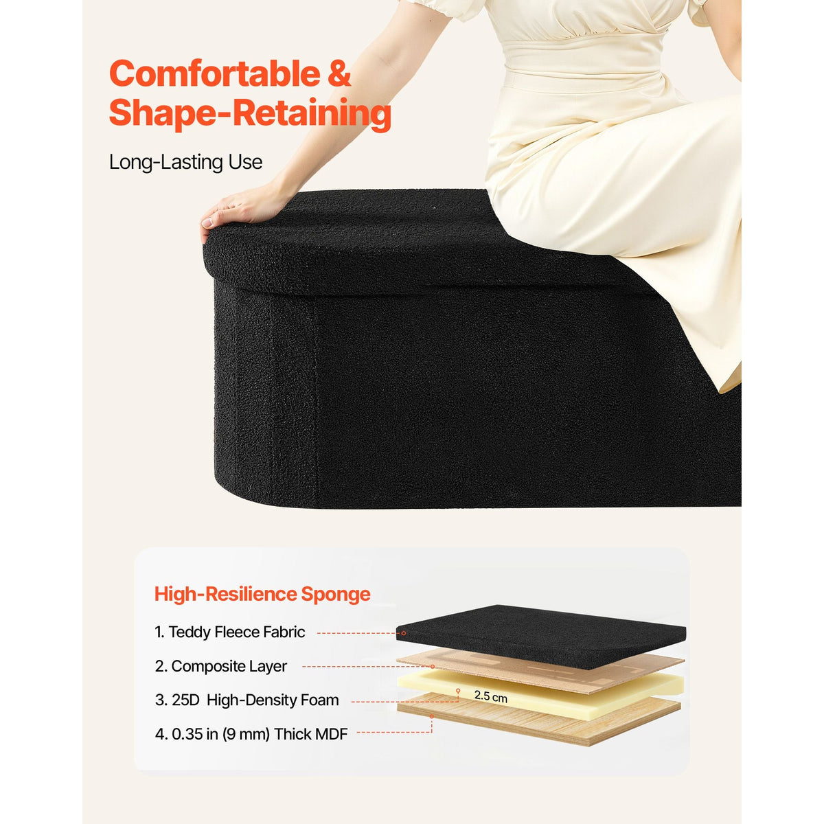 Oval Storage Ottoman Bench, Foldable Teddy Fleece End of Bed Bench, Folding Upholstered Bed Ottoman Chest with Large Storage Space, Supports 660 lbs, for Living Room, Bedroom, Entryway, Black