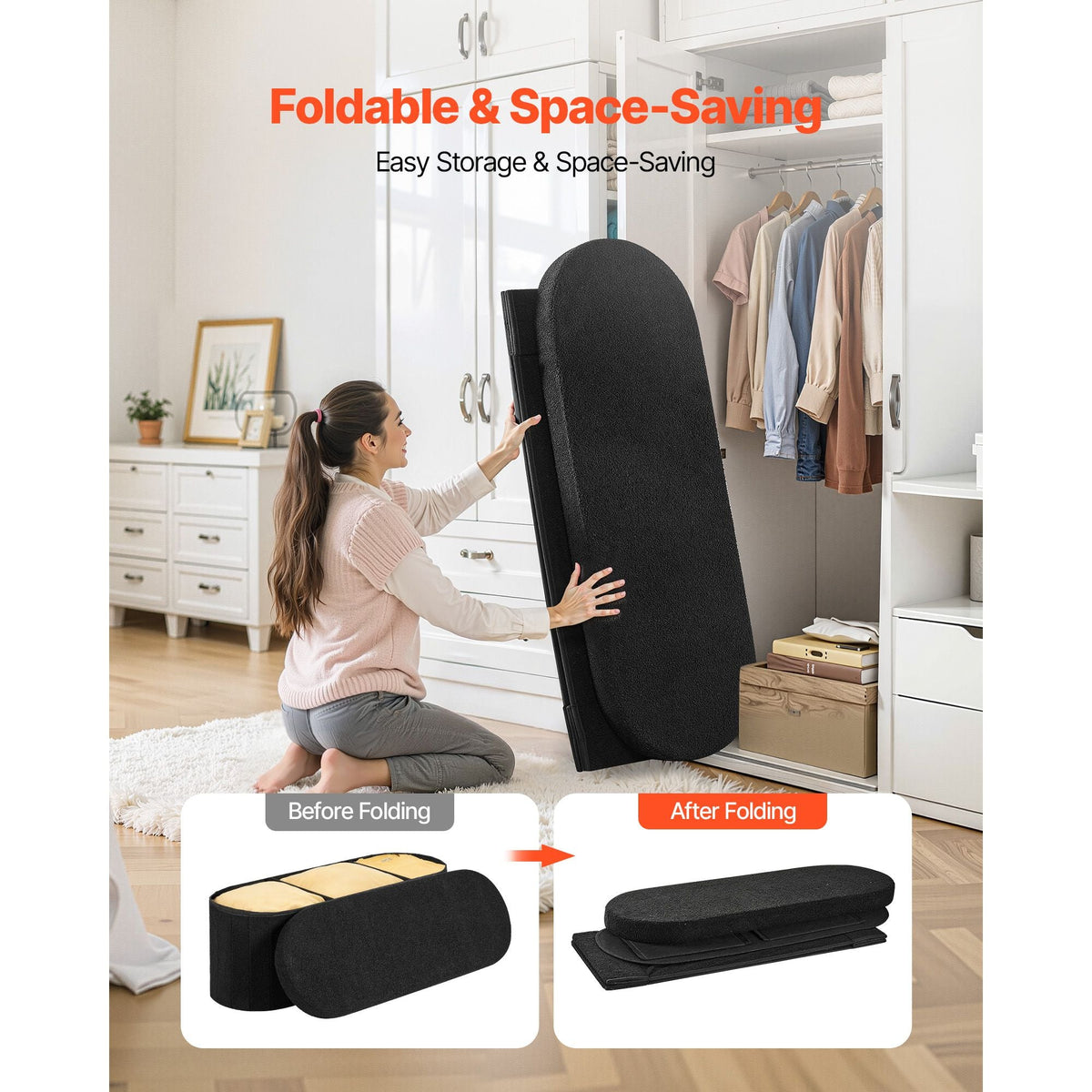 Oval Storage Ottoman Bench, Foldable Teddy Fleece End of Bed Bench, Folding Upholstered Bed Ottoman Chest with Large Storage Space, Supports 660 lbs, for Living Room, Bedroom, Entryway, Black