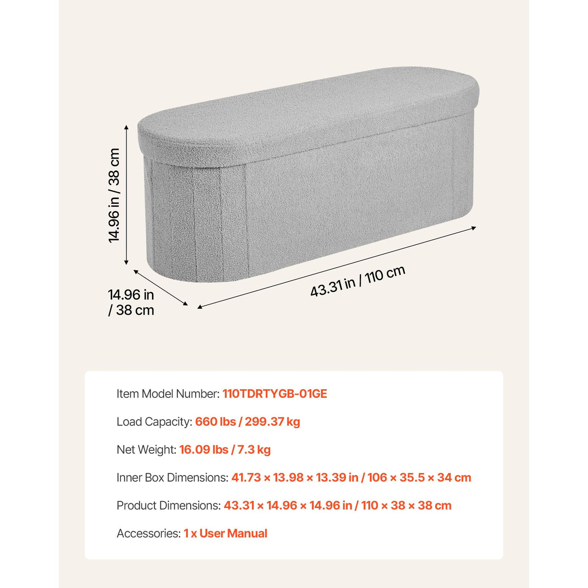 Oval Storage Ottoman Bench, Foldable Teddy Fleece End of Bed Bench, Folding Upholstered Bed Ottoman Chest with Large Storage Space, Supports 660 lbs, for Living Room, Bedroom, Entryway, Grey