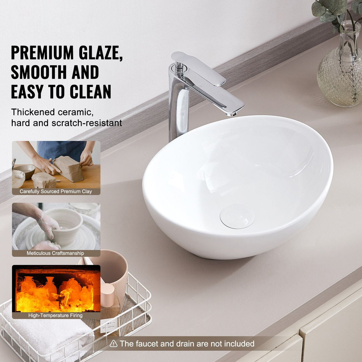 Oval Vessel Sink, 16" x 13.4" Bathroom Vessel Sink Bowl Countertop, White Ceramic Bathroom Sinks Above Counter, Bowl Sink with Modern Style, Well-Packaged for Bathroom, Hotel, Toilet, RV