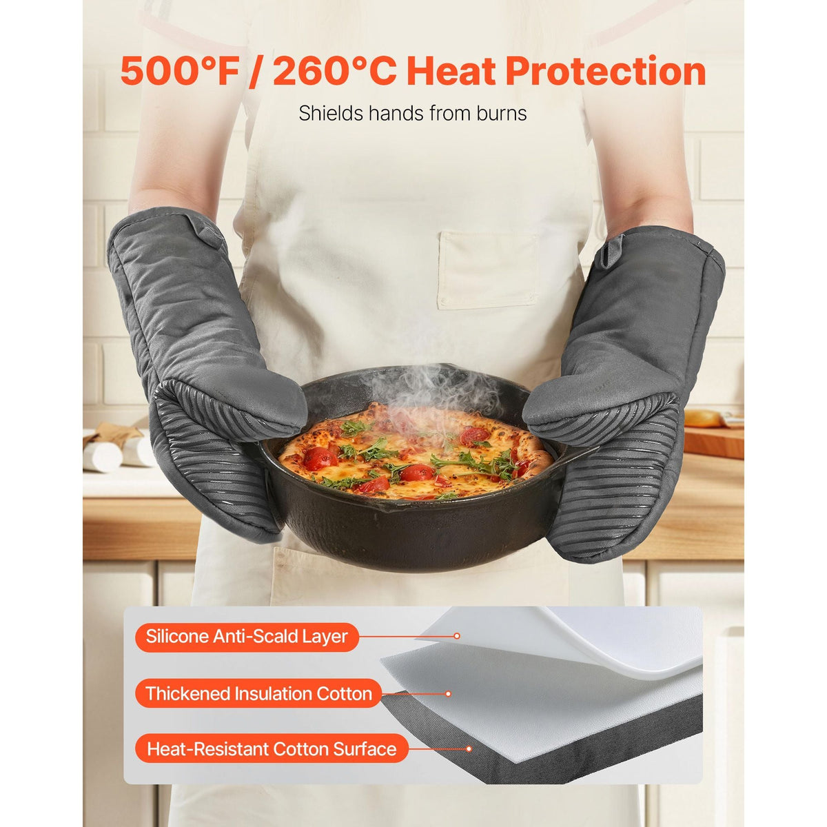 Oven Mitts, Mini Oven Mitt Set with Non-Slip Silicone Strips, High Heat Resistant to 500Fahrenheit, Lightweight Cotton Baking Mitts 13.07 x 6.1 inch with 2 No-Marks Hooks for Kitchen, 2 Piece