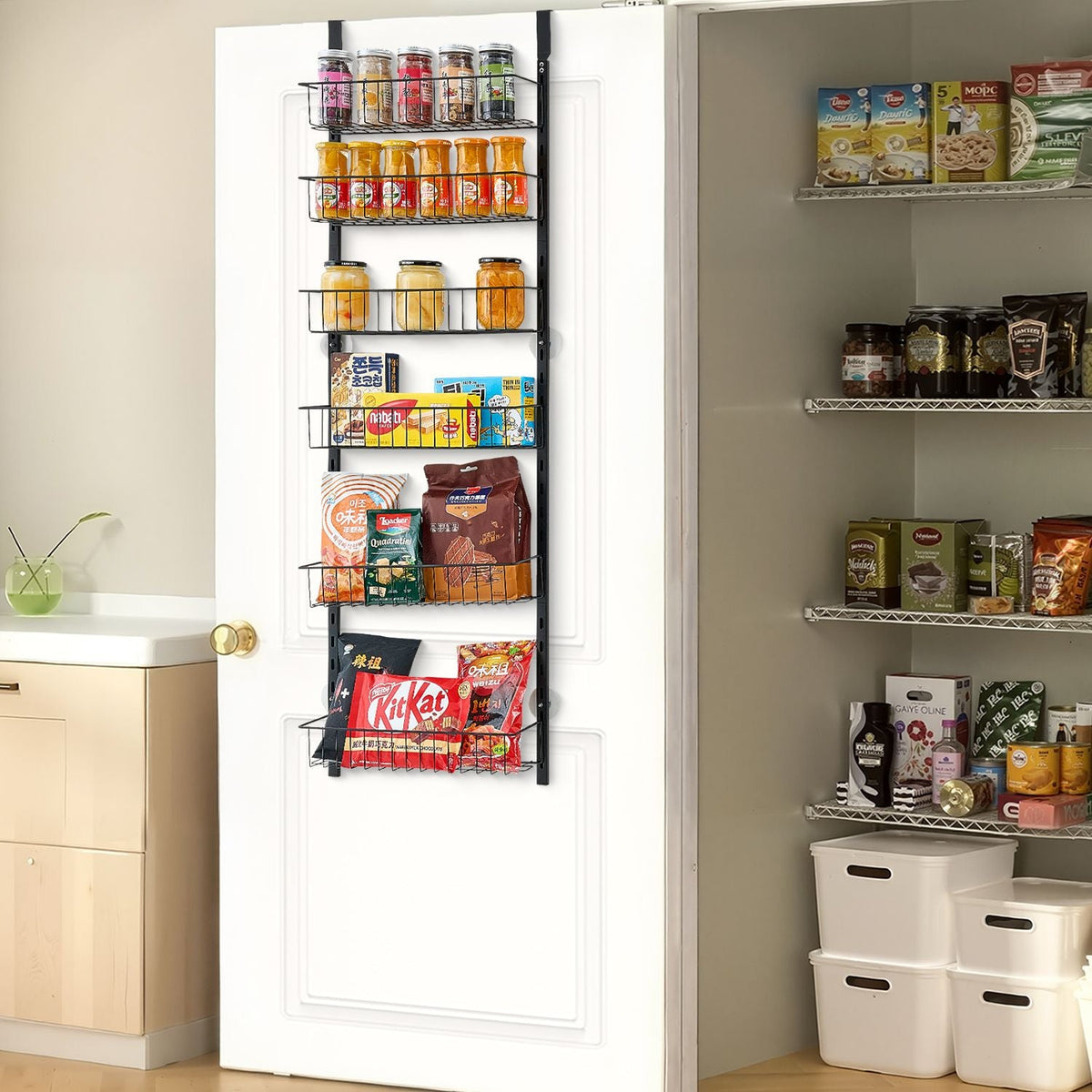 Over the Door Pantry Organizer, 6-Tier Pantry Organization and Storage, Heavy-Duty Steel Hanging Spice Rack, Adjustable Wall Seasoning Shelves, for Home Kitchen Laundry Room Bathroom, Black