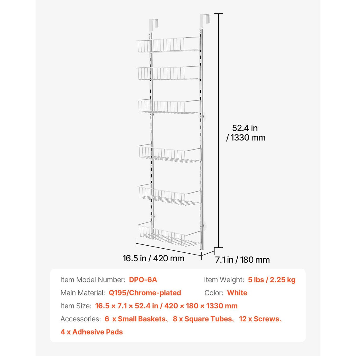 Over the Door Pantry Organizer, 6-Tier Pantry Organization and Storage, Heavy-Duty Steel Hanging Spice Rack, Adjustable Wall Seasoning Shelves, for Home Kitchen Laundry Room Bathroom, White