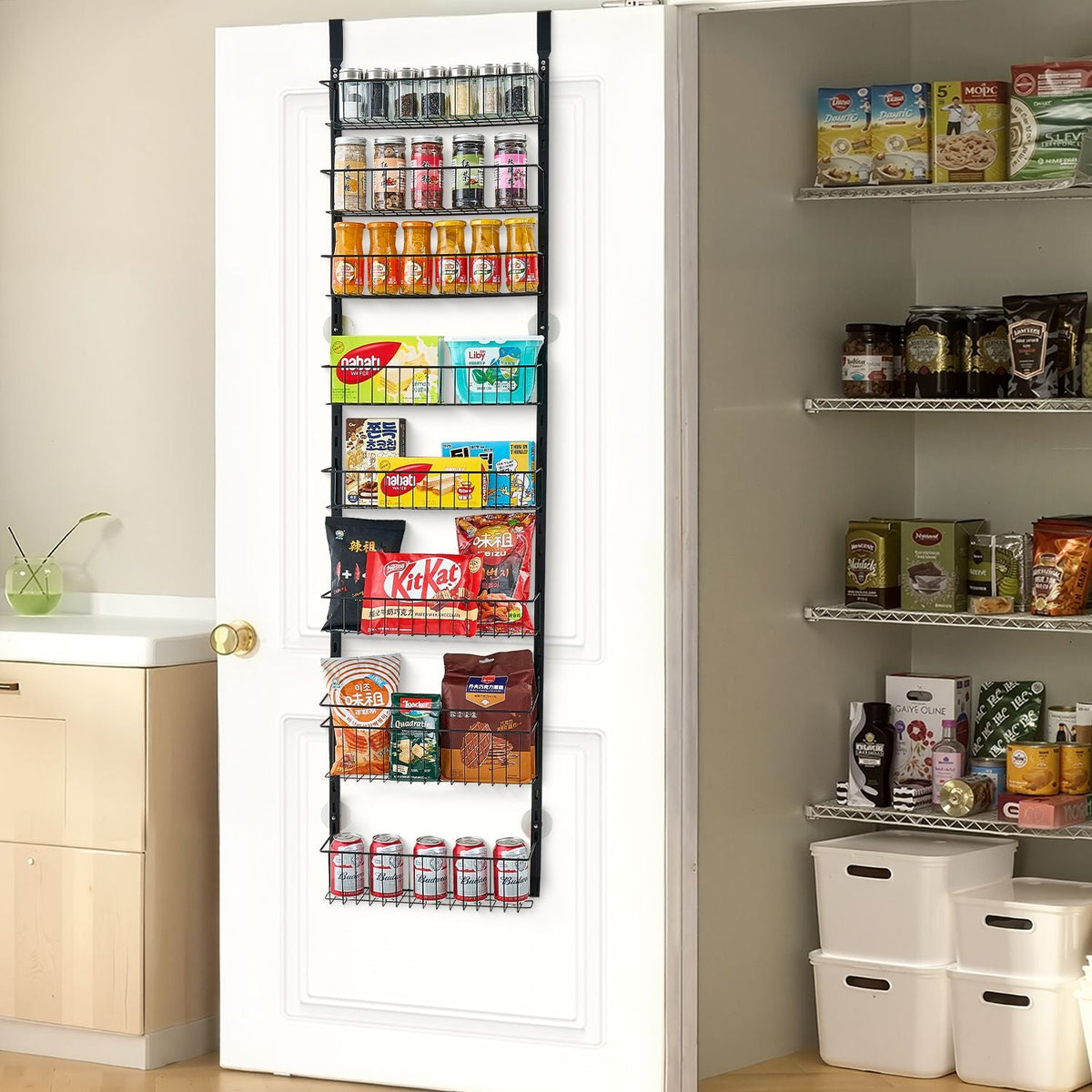 Over the Door Pantry Organizer, 8-Tier Pantry Organization and Storage, Heavy-Duty Steel Hanging Spice Rack, Adjustable Wall Seasoning Shelves, for Home Kitchen Laundry Room Bathroom, Black
