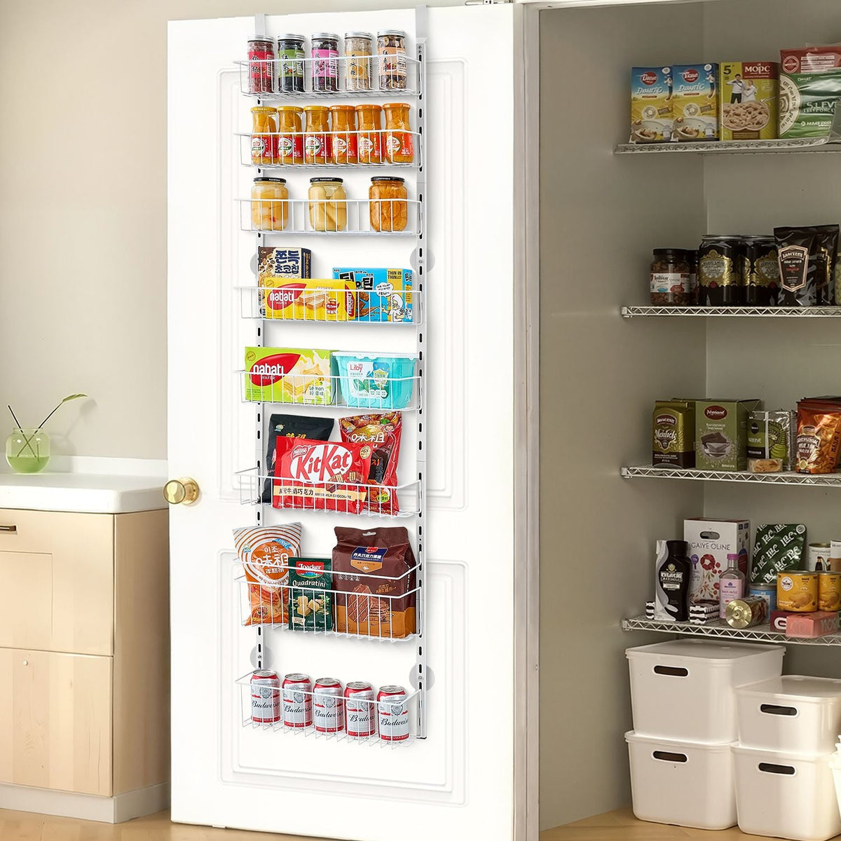 Over the Door Pantry Organizer, 8-Tier Pantry Organization and Storage, Heavy-Duty Steel Hanging Spice Rack, Adjustable Wall Seasoning Shelves, for Home Kitchen Laundry Room Bathroom, White