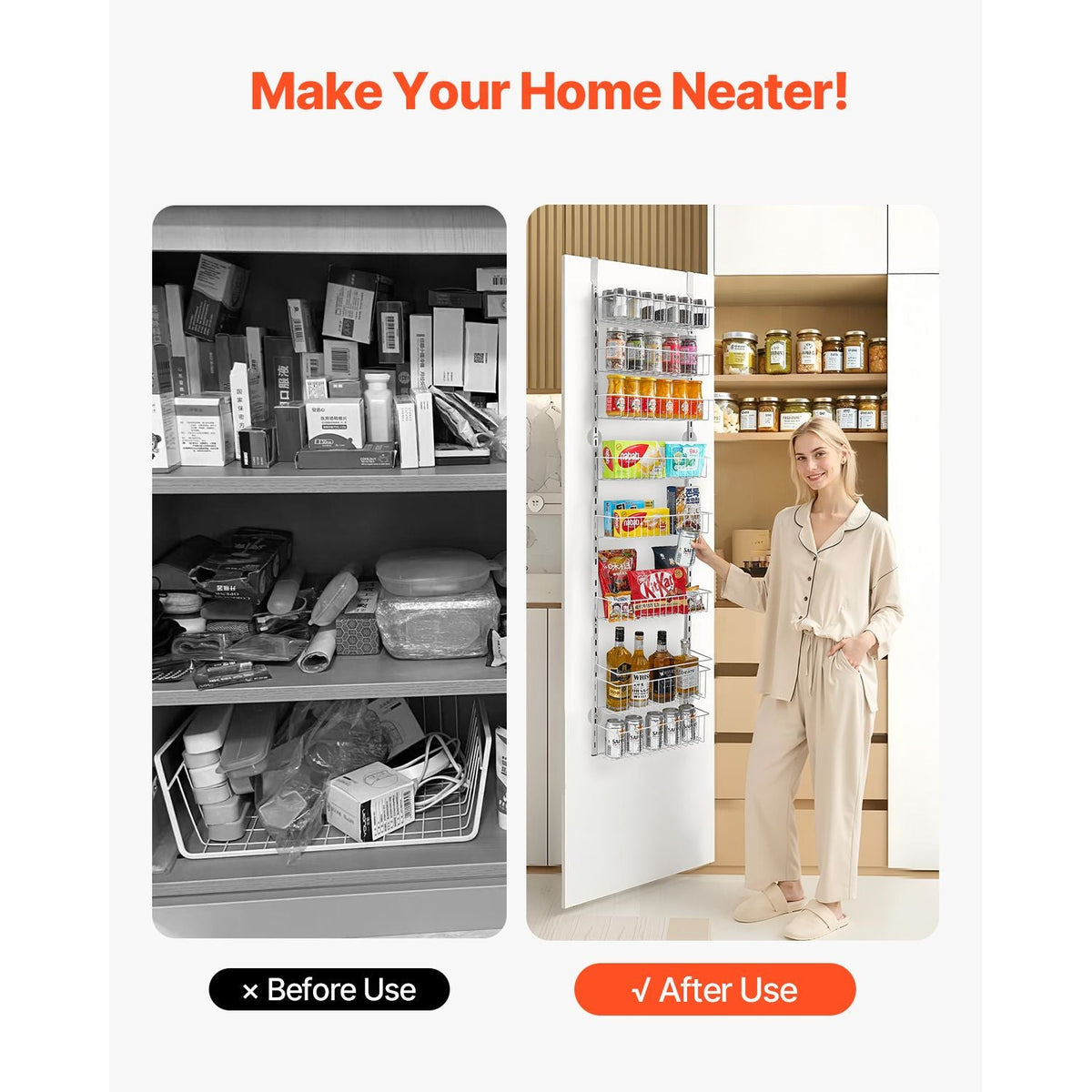 Over the Door Pantry Organizer, 8-Tier Pantry Organization and Storage, Heavy-Duty Steel Hanging Spice Rack, Adjustable Wall Seasoning Shelves, for Home Kitchen Laundry Room Bathroom, White