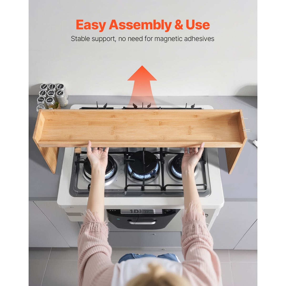 Over the Stove Shelf, Over Stove Spice Shelf for Kitchen Stove Top, Seasoning Shelves, Spice Organizer, Easy to Assemble Countertop Storage Solution, Kitchen Gadgets with 6 Hooks