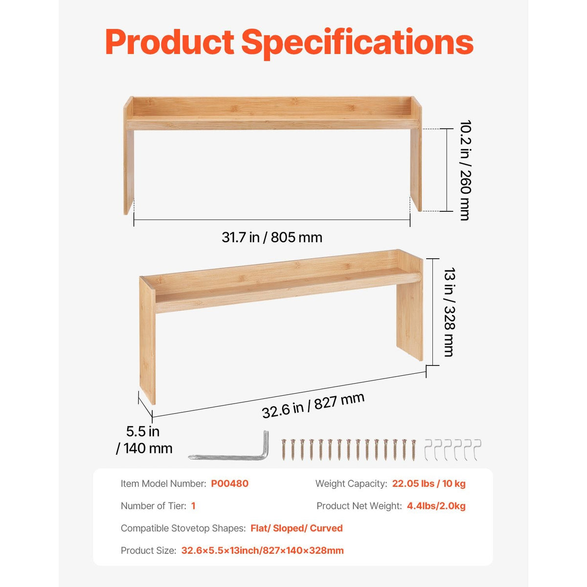 Over the Stove Shelf, Over Stove Spice Shelf for Kitchen Stove Top, Seasoning Shelves, Spice Organizer, Easy to Assemble Countertop Storage Solution, Kitchen Gadgets with 6 Hooks