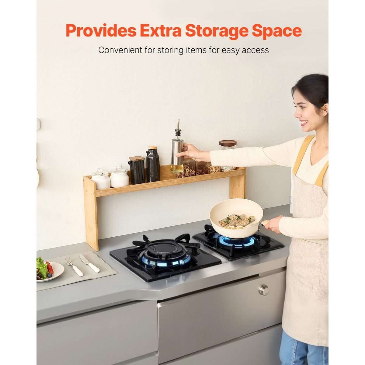 Over the Stove Shelf, Over Stove Spice Shelf for Kitchen Stove Top, Seasoning Shelves, Spice Organizer, Easy to Assemble Countertop Storage Solution, Kitchen Gadgets with 6 Hooks