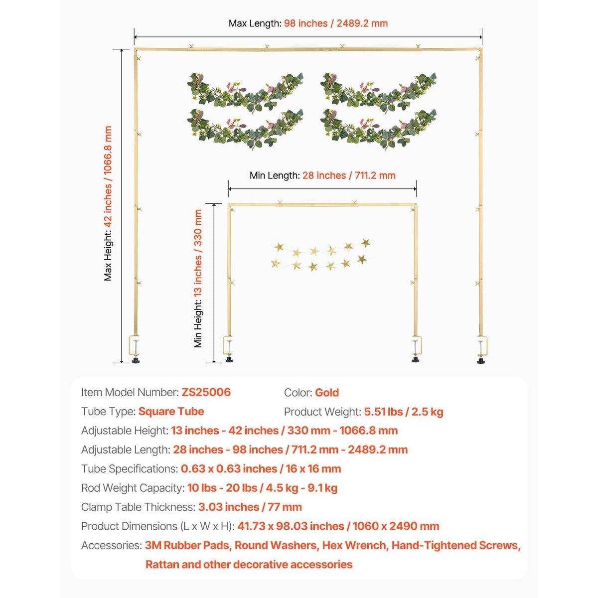 Over The Table Rod Stand with Clamps, 13"-42" Tall & 28"-98" Length Adjustable, Metal Table Arch Stand with Rattan, Tabletop Balloon Arch Frame for Wedding Birthday Christmas Decorations, Gold