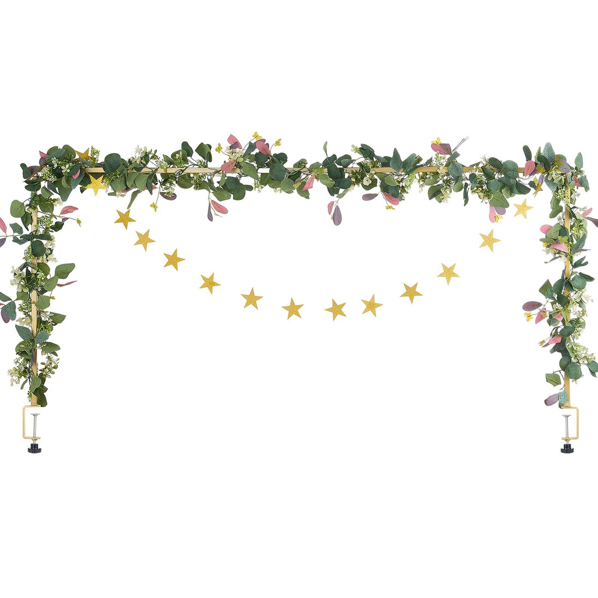Over The Table Rod Stand with Clamps, 13"-42" Tall & 28"-98" Length Adjustable, Metal Table Arch Stand with Rattan, Tabletop Balloon Arch Frame for Wedding Birthday Christmas Decorations, Gold