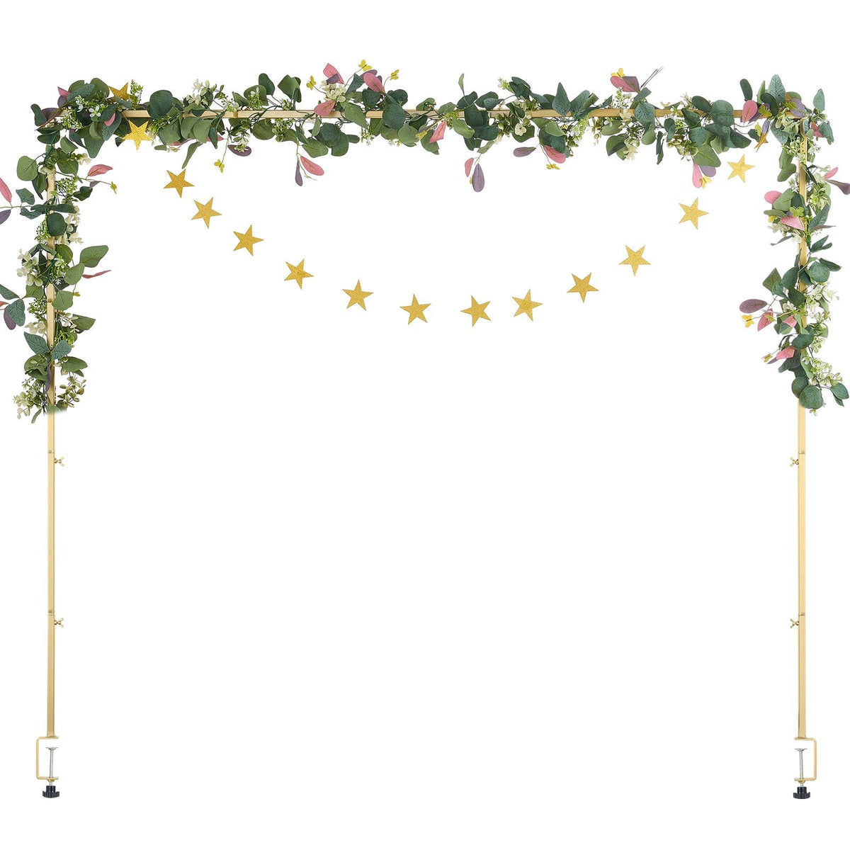 Over The Table Rod Stand with Clamps, 13"-42" Tall & 28"-98" Length Adjustable, Metal Table Arch Stand with Rattan, Tabletop Balloon Arch Frame for Wedding Birthday Christmas Decorations, Gold