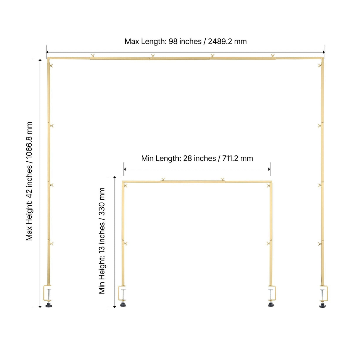 Over The Table Rod Stand with Clamps, 13"-42" Tall & 28"-98" Length Adjustable, Metal Table Arch Stand with Rattan, Tabletop Balloon Arch Frame for Wedding Birthday Christmas Decorations, Gold