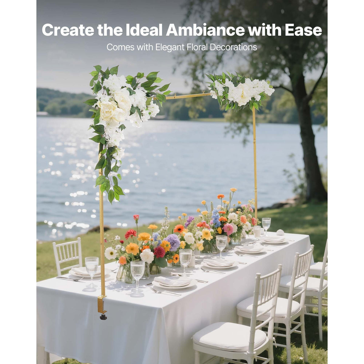 Over the Table Rod Stand with Clamps, Adjustable 28"-98" Length & 13"-42" Height, Table Arch Stand with Floral Accessories, Gold Balloon Frame for Wedding Birthday Party Christmas Decoration