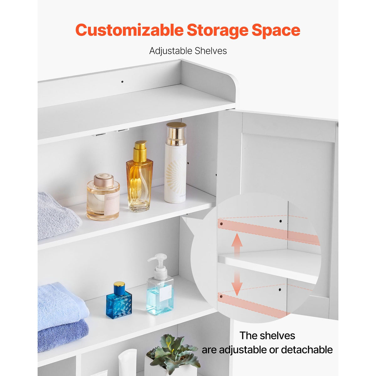 Over The Toilet Storage Cabinet, 66.14 in Height Bathroom Storage Organizer with Double Door and Adjustable Shelf, Bathroom Space Saver Organizer Above Toilet with Open Shelf, White