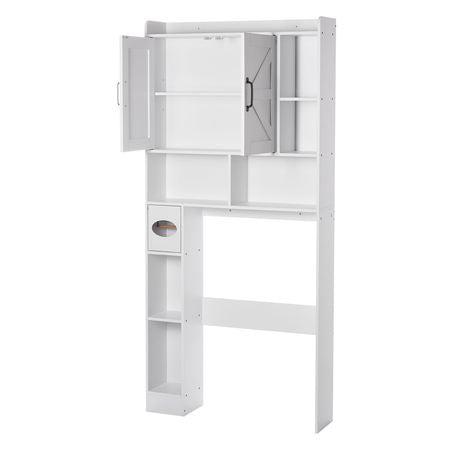 Over The Toilet Storage Cabinet, 66.14 in Height Bathroom Storage Organizer with Double Door and Adjustable Shelf, Bathroom Space Saver Organizer Above Toilet with Open Shelf, White