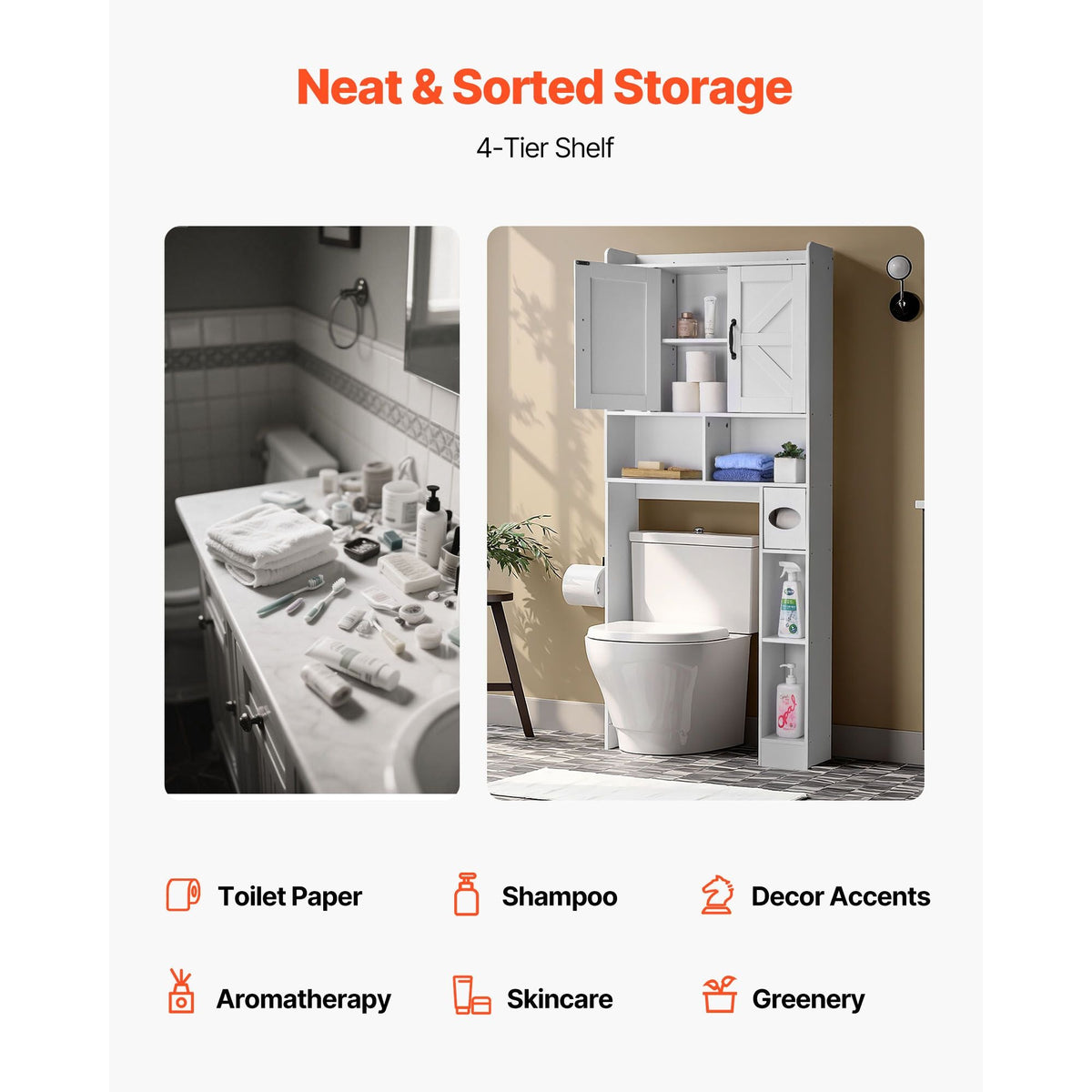 Over The Toilet Storage Cabinet, 66.14 in Height Bathroom Storage Organizer with Double Door and Adjustable Shelf, Bathroom Space Saver Organizer Above Toilet with Open Shelf, White