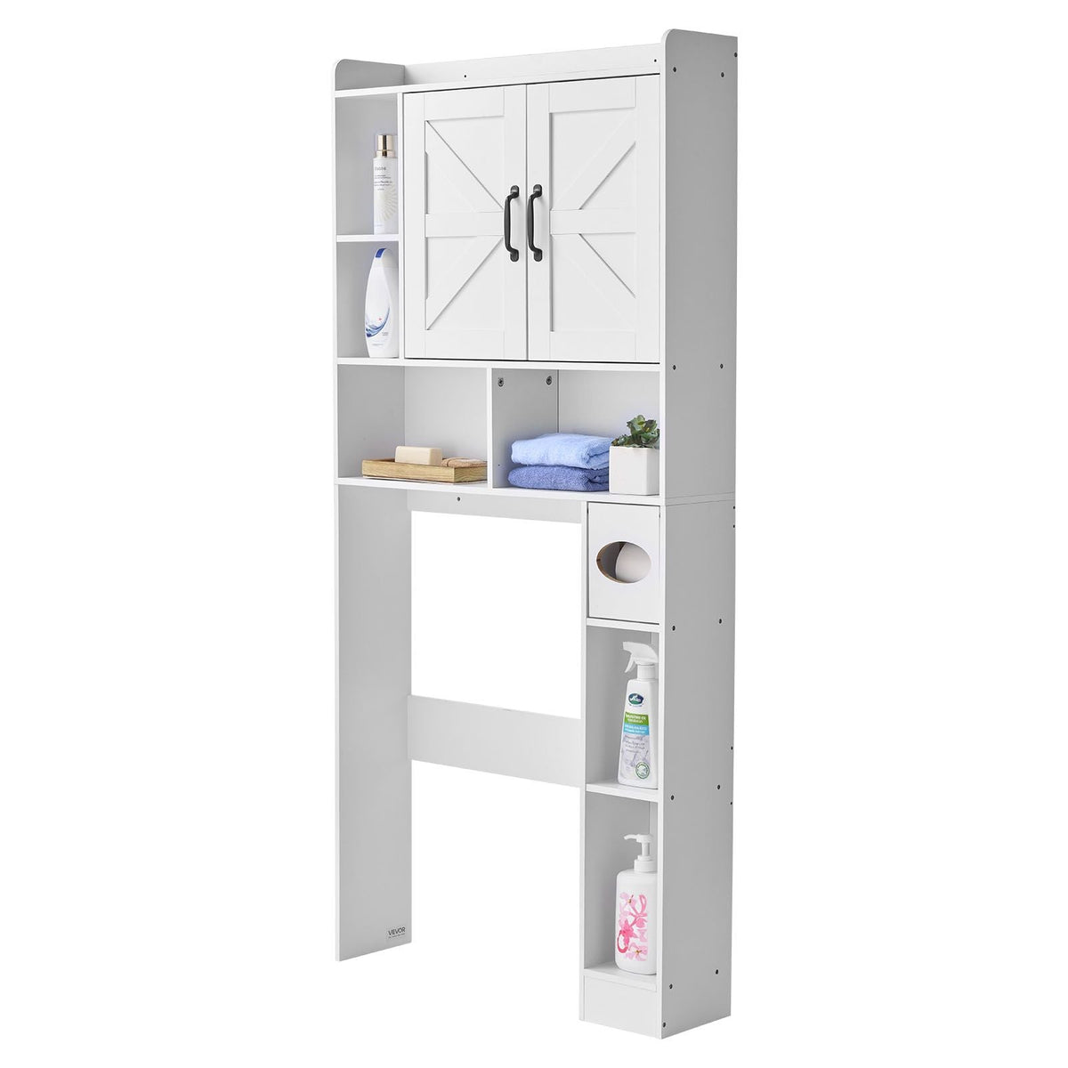Over The Toilet Storage Cabinet, 66.14 in Height Bathroom Storage Organizer with Double Door and Adjustable Shelf, Bathroom Space Saver Organizer Above Toilet with Open Shelf, White