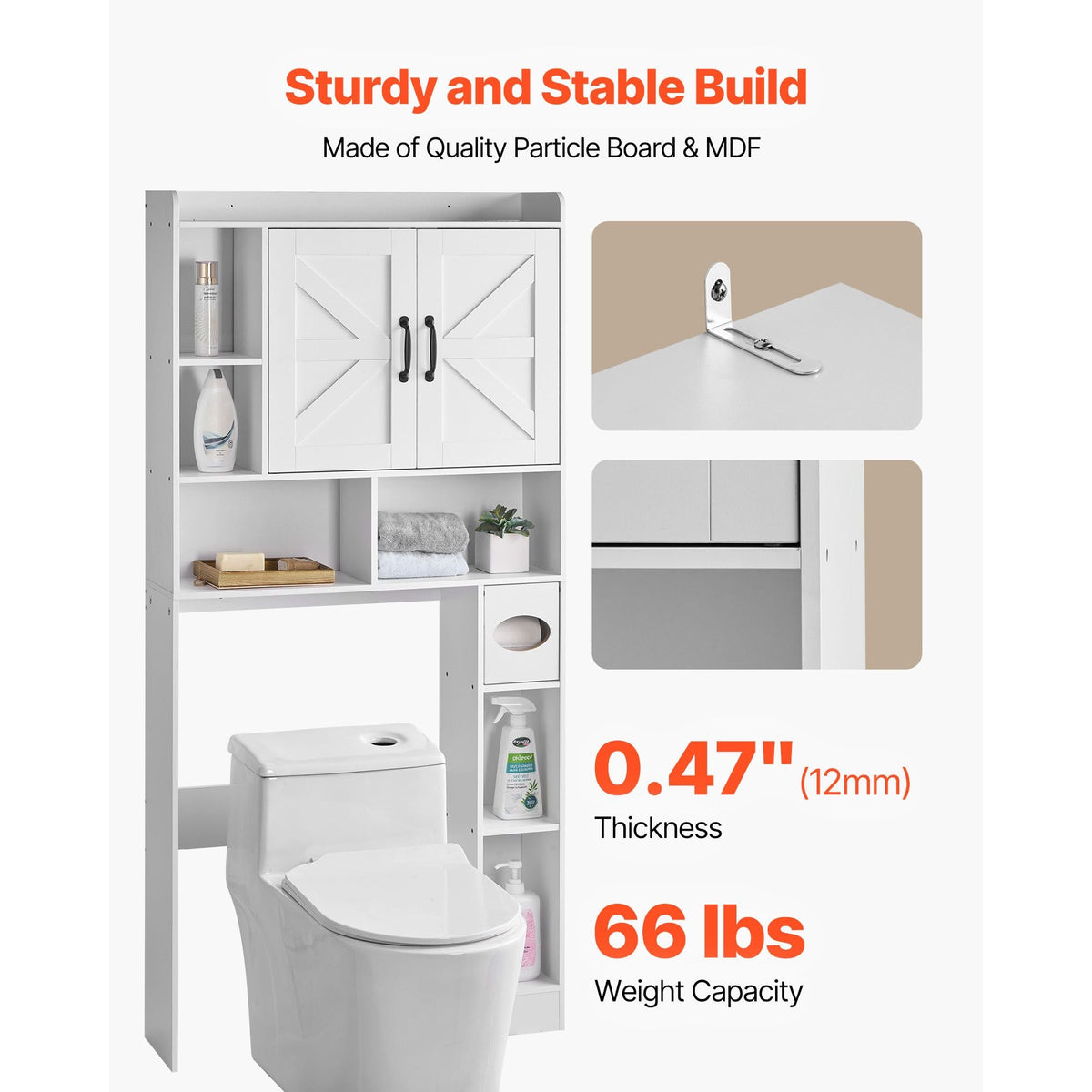 Over The Toilet Storage Cabinet, 66.14 in Height Bathroom Storage Organizer with Double Door and Adjustable Shelf, Bathroom Space Saver Organizer Above Toilet with Open Shelf, White