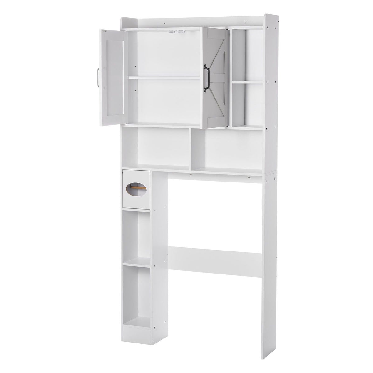 Over The Toilet Storage Cabinet, 66.14 in Height Bathroom Storage Organizer with Double Door and Adjustable Shelf, Bathroom Space Saver Organizer Above Toilet with Open Shelf, White