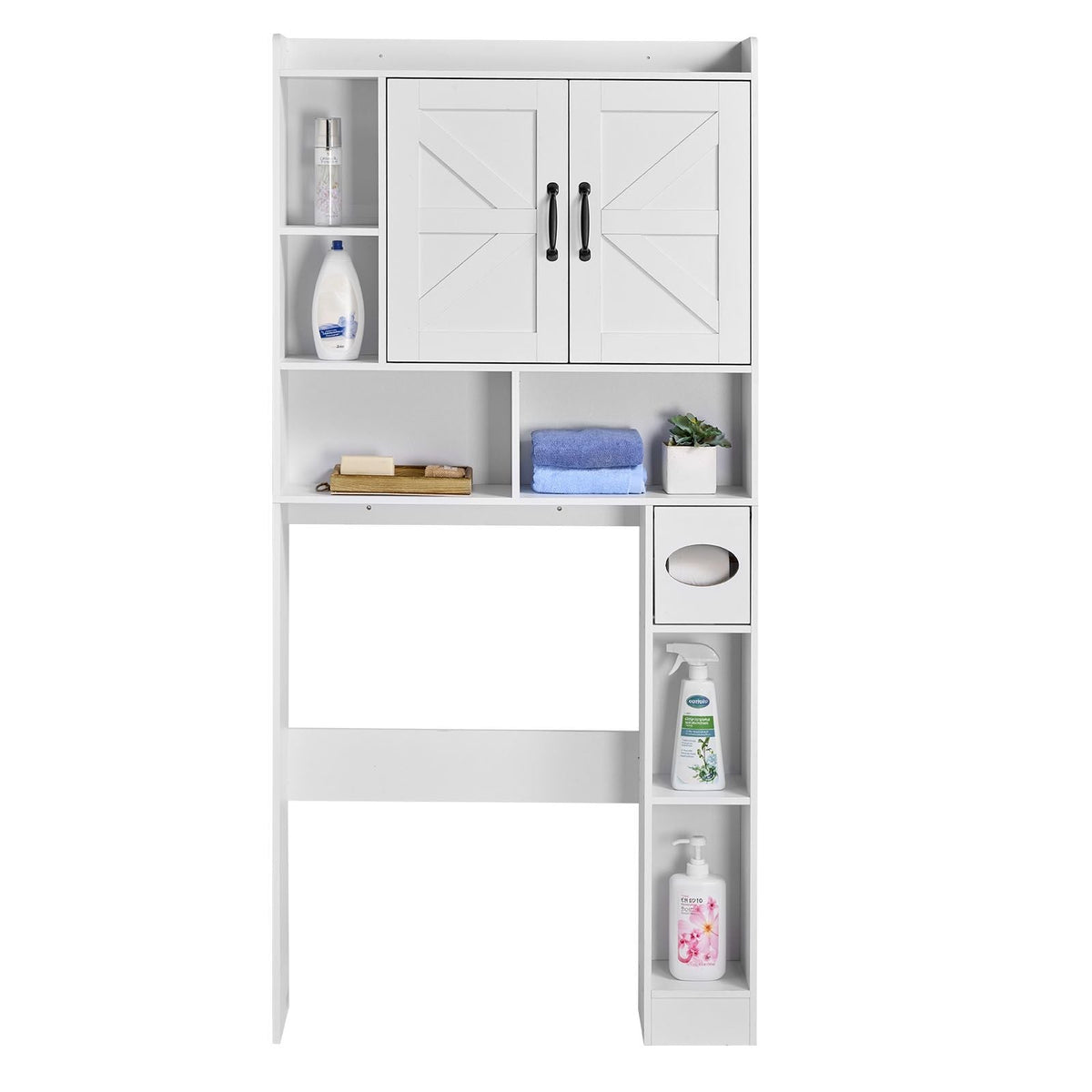 Over The Toilet Storage Cabinet, 66.14 in Height Bathroom Storage Organizer with Double Door and Adjustable Shelf, Bathroom Space Saver Organizer Above Toilet with Open Shelf, White