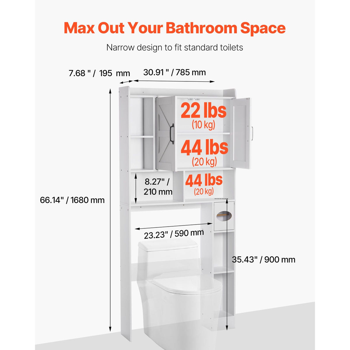 Over The Toilet Storage Cabinet, 66.14 in Height Bathroom Storage Organizer with Double Door and Adjustable Shelf, Bathroom Space Saver Organizer Above Toilet with Open Shelf, White