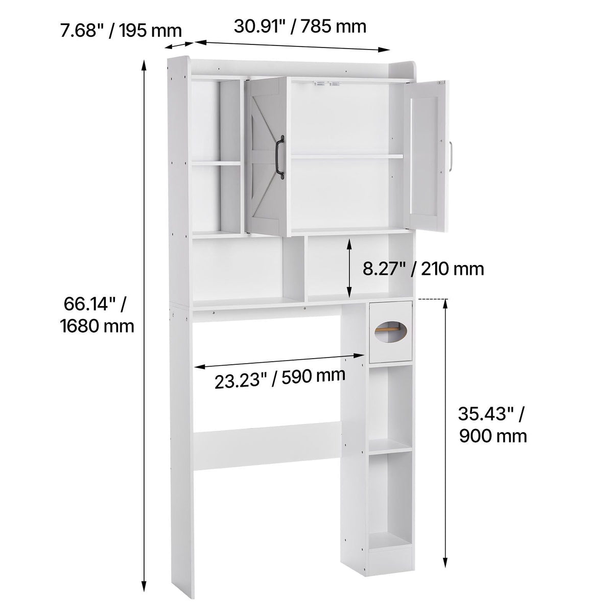 Over The Toilet Storage Cabinet, 66.14 in Height Bathroom Storage Organizer with Double Door and Adjustable Shelf, Bathroom Space Saver Organizer Above Toilet with Open Shelf, White