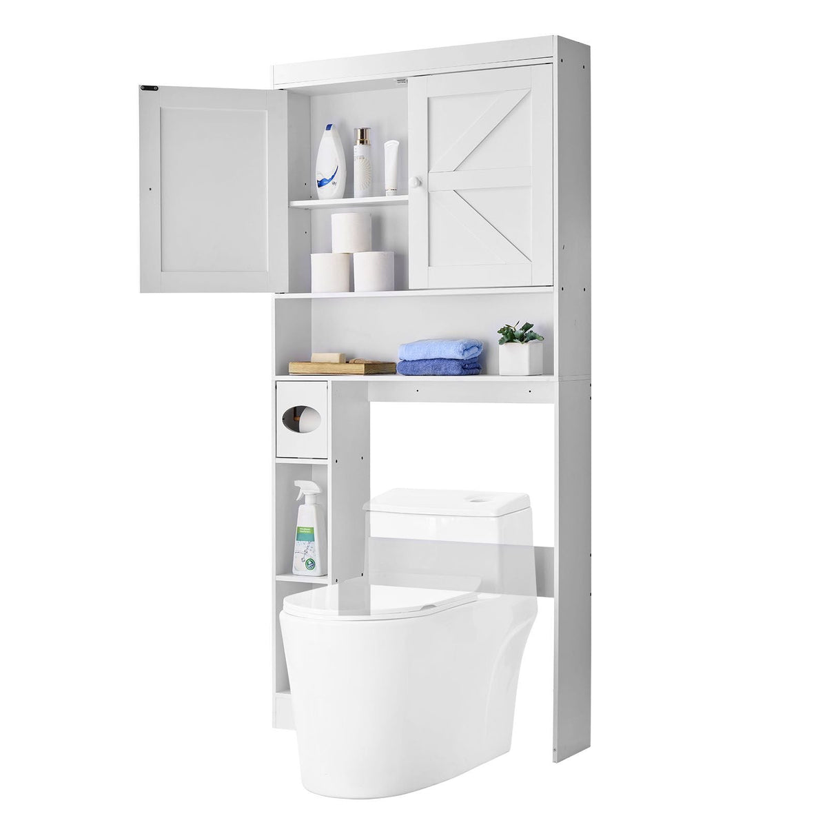 Over The Toilet Storage Cabinet, 67.44 in Height Bathroom Storage Organizer with Double Door and Adjustable Shelf, Bathroom Space Saver Organizer Above Toilet with Open Shelf, White