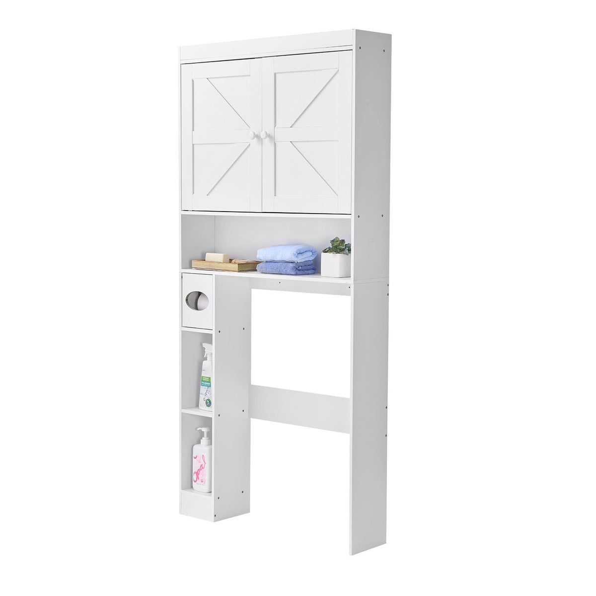 Over The Toilet Storage Cabinet, 67.44 in Height Bathroom Storage Organizer with Double Door and Adjustable Shelf, Bathroom Space Saver Organizer Above Toilet with Open Shelf, White