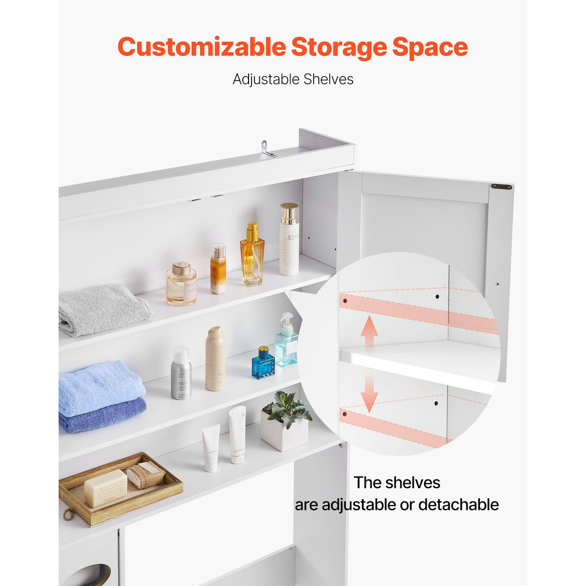 Over The Toilet Storage Cabinet, 67.44 in Height Bathroom Storage Organizer with Double Door and Adjustable Shelf, Bathroom Space Saver Organizer Above Toilet with Open Shelf, White