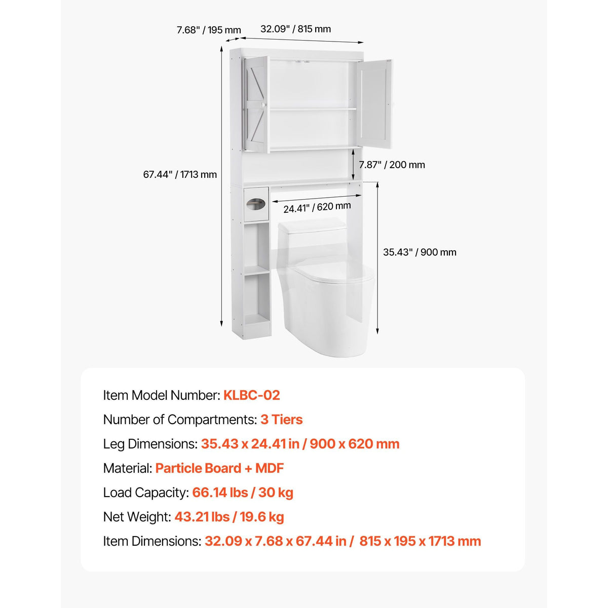 Over The Toilet Storage Cabinet, 67.44 in Height Bathroom Storage Organizer with Double Door and Adjustable Shelf, Bathroom Space Saver Organizer Above Toilet with Open Shelf, White