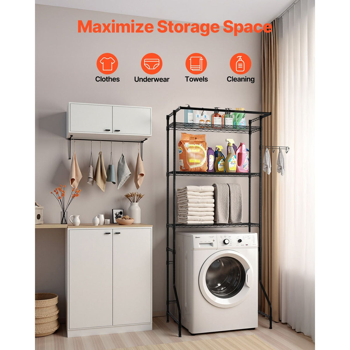 Over Washer and Dryer Storage Shelf, 3 Tiers Laundry Room Drying Rack with Hanger Rod and Hooks, Single Row Adjustable Washer Shelves Space Saver, for Laundry Room Storage & Organization, Black
