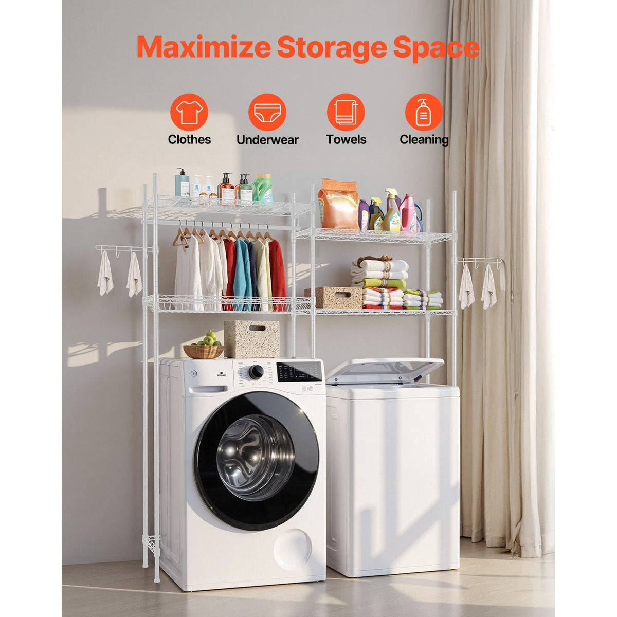 Over Washer and Dryer Storage Shelves, 4 Tiers Laundry Room Drying Rack with Hanger Rod and Hooks, Two Rows Adjustable Washer Shelves Space Saver, for Laundry Room Storage & Organization, White