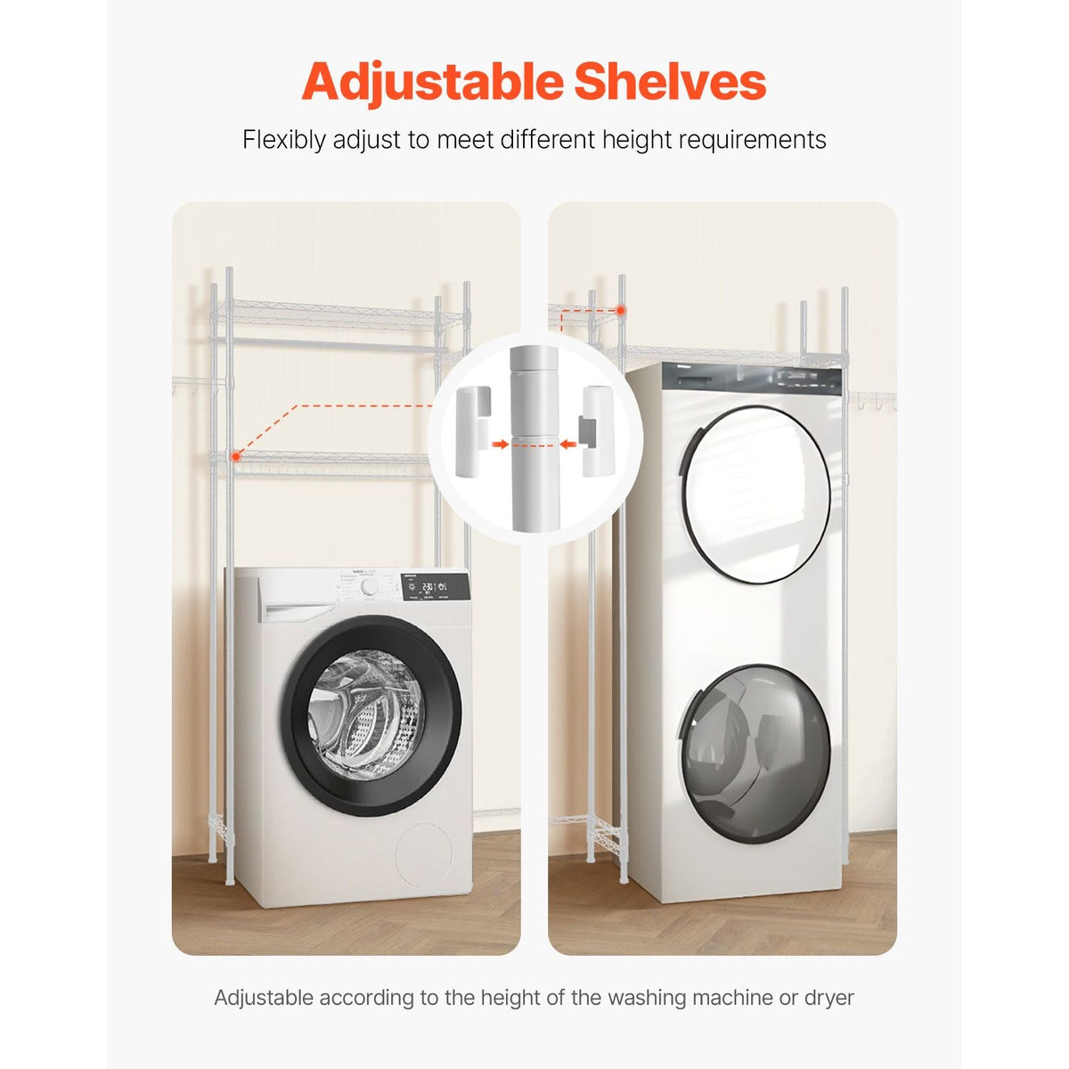 Over Washer and Dryer Storage Shelves, 4 Tiers Laundry Room Drying Rack with Hanger Rod and Hooks, Two Rows Adjustable Washer Shelves Space Saver, for Laundry Room Storage & Organization, White