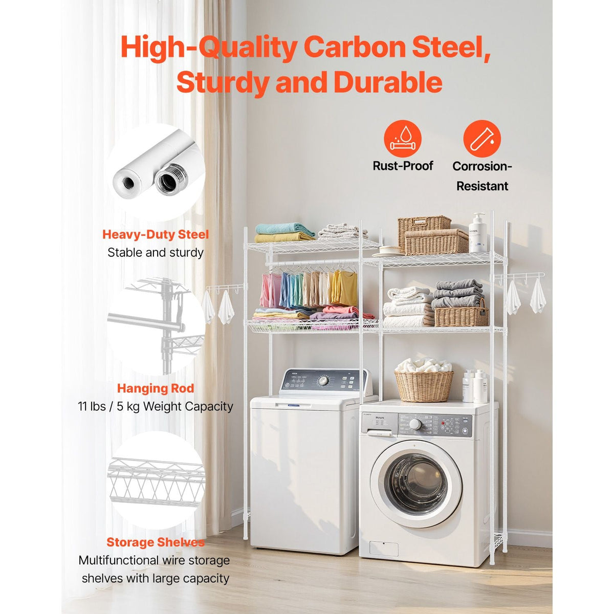 Over Washer and Dryer Storage Shelves, 4 Tiers Laundry Room Drying Rack with Hanger Rod and Hooks, Two Rows Adjustable Washer Shelves Space Saver, for Laundry Room Storage & Organization, White